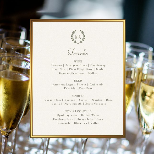 Affiche Menu élégant de boissons de mariage, enseigne vert (Créateur téléchargé)