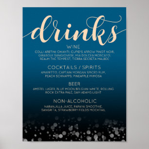 Affiche Menu élégant du bar à boissons de mariage bleu océ