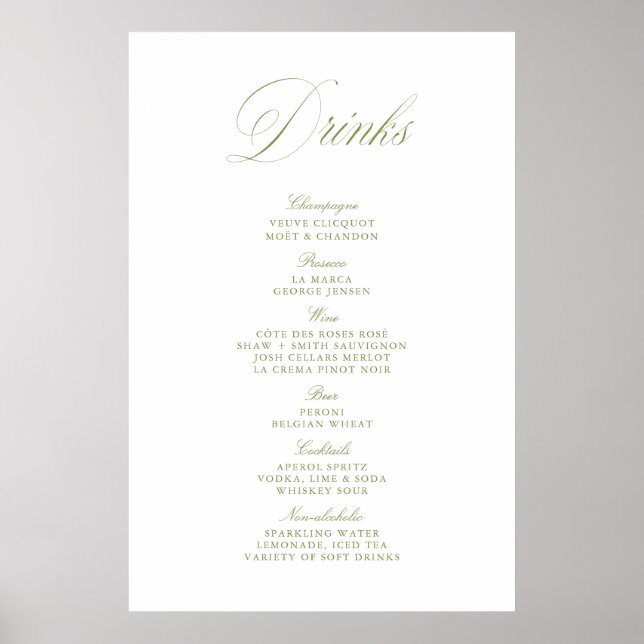Affiche Menu élégant sur papier vert sauge pour bar à bois (Devant)