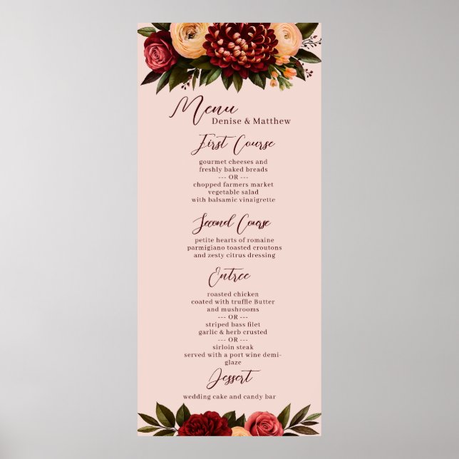 Affiche Menu Mariage Blush & Burgundy Chrysanthemum (Devant)