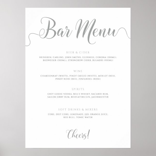 Affiche Menu Mariage Boissons du menu de la barre d'argent (Devant)
