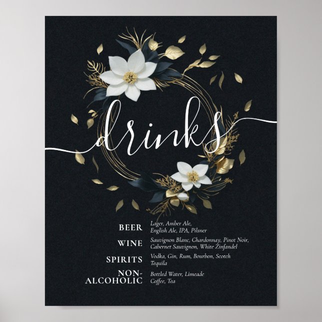 Affiche Menu Mariage de boissons Black White Gold Floral (Devant)