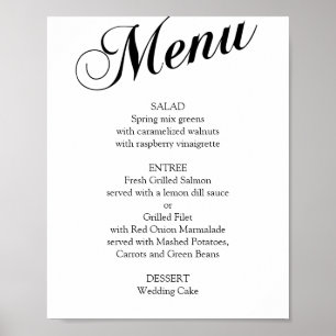 Affiche Menu mariage de script élégant noir et blanc