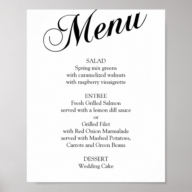 Affiche Menu mariage de script élégant noir et blanc (Devant)