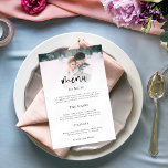 Affiche Menu Mariage de script photo minimaliste<br><div class="desc">Menu minimaliste Mariage de script photo. Un design élégant avec votre photo sur le bord supérieur derrière une couche de teinte graduée avec le texte partiellement superposé sur le dessus de votre image en bas. L'en-tête principal est en gras et le reste du texte que vous pouvez facilement personnaliser.</div>