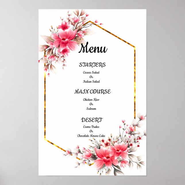 Affiche menu mariage, menu mariage à fleurs (Devant)