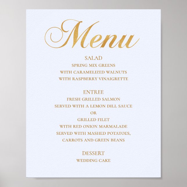 Affiche Menu mariage or pour le dîner. Bleu élégant simple (Devant)