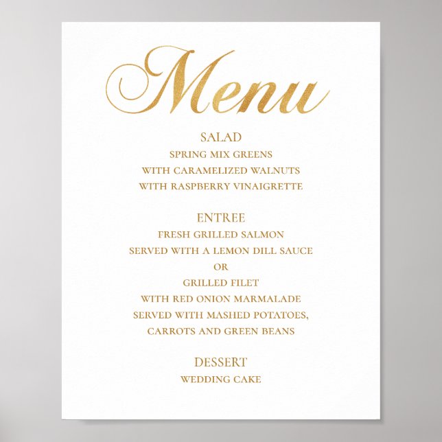 Affiche Menu mariage or pour le dîner. Élégant script simp (Devant)