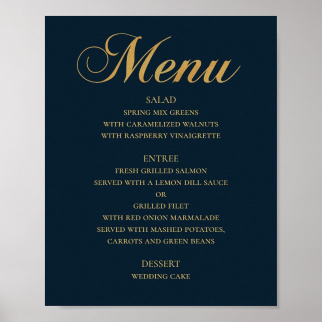 Affiche Menu mariage or pour le dîner. Marine élégant simp (Devant)