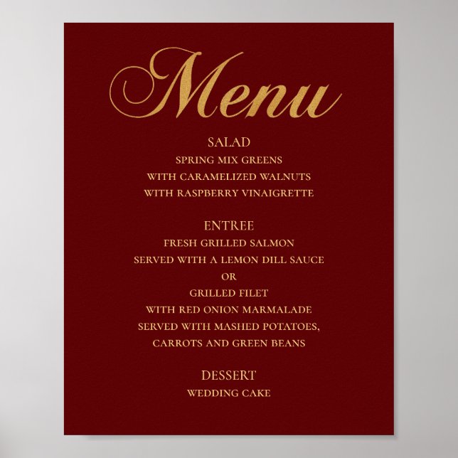 Affiche Menu mariage or pour le dîner. Maroon élégant simp (Devant)