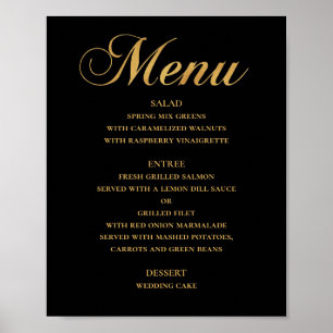 Affiche Menu mariage or pour le dîner. Noir élégant