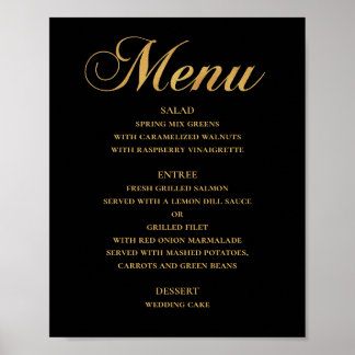 Affiche Menu mariage or pour le dîner. Noir élégant