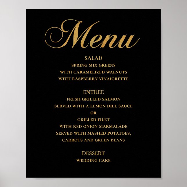 Affiche Menu mariage or pour le dîner. Noir élégant (Devant)