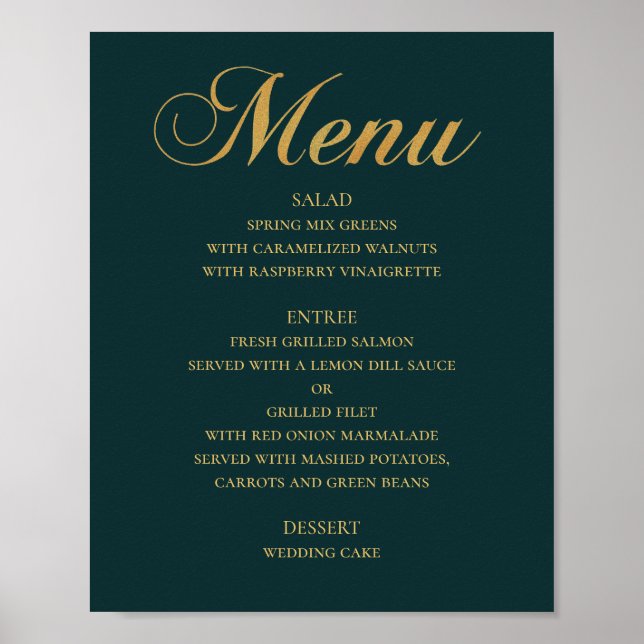 Affiche Menu mariage or pour le dîner. Turquoise élégant (Devant)