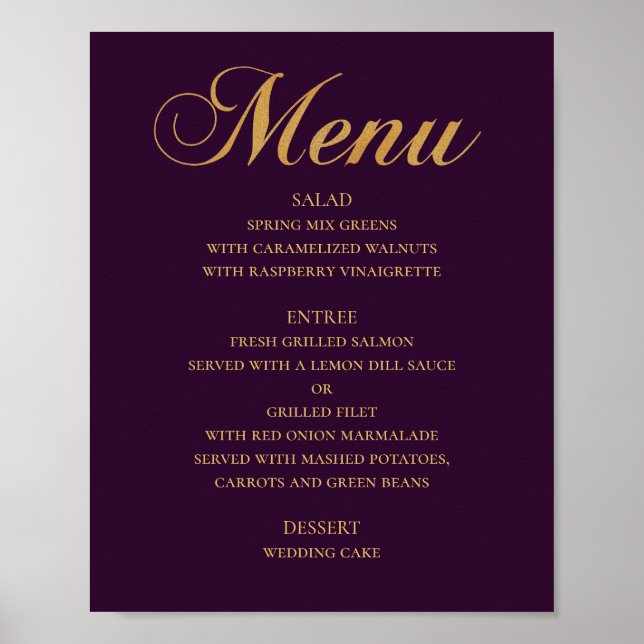 Affiche Menu mariage or pour le dîner. Violet élégant simp (Devant)
