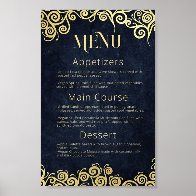 Affiche Menu Mariage Sophistiqué Marine Blue & Gold Swirls (Devant)