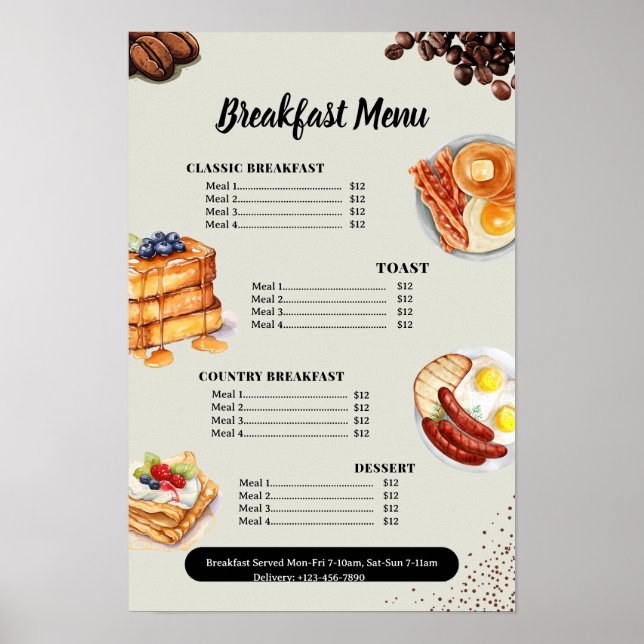 Affiche Menu Petit Déjeuner, Menu Restaurant, Marketing Ca (Devant)