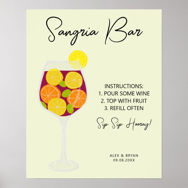Affiche Menu Sangria Bar, Mariage, Fête des mariées ou Par (Devant)