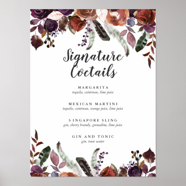 Affiche Menu signature de cocktail de mariage Rustic Plum (Devant)