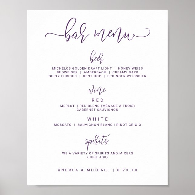 Affiche Menus de barre mariage - Script de rebond (violet/ (Devant)