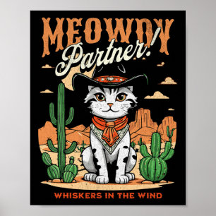 Affiche Meowdy Partner Cowboy Chat Carton Vintage Drôle