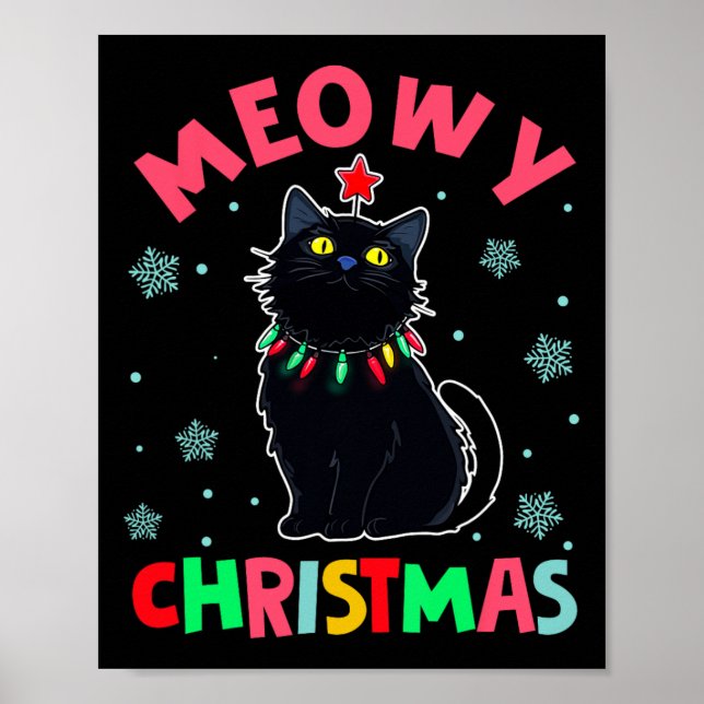 Affiche Meowe Noël Noël Lumières Chat noir Pyjamas Fami (Devant)