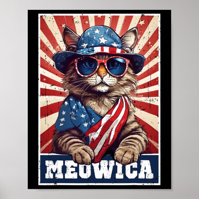 Affiche Meowica 4 juillet Chat Drapeau Américain Chat Drôl (Devant)