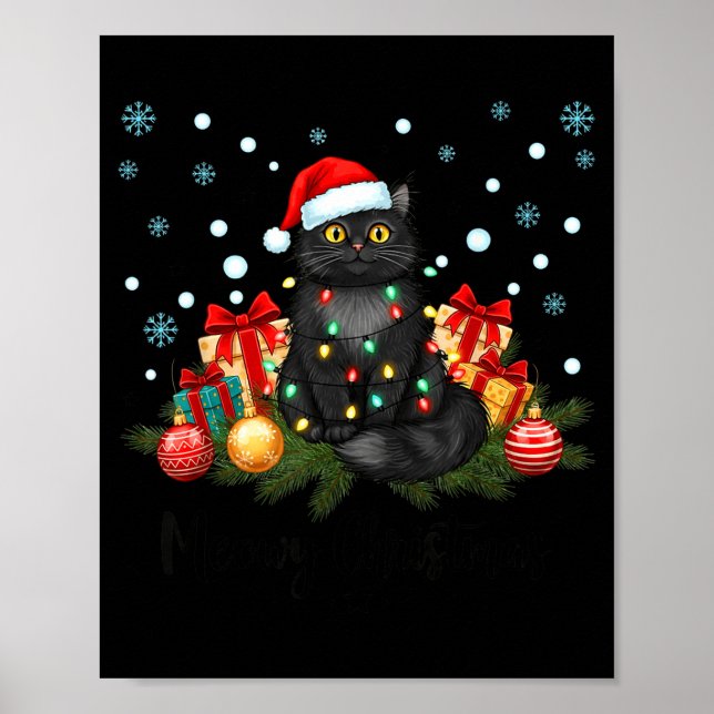 Affiche Meowy Christmas Black Cute Cat Santa Hat Xmas Wome (Devant)