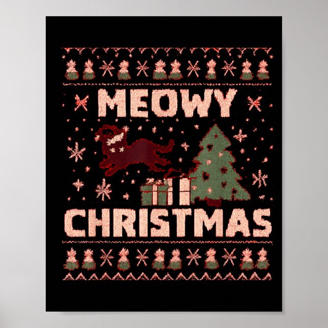 Affiche Meowy Christmas Xmas Tree Cat Ugly Sweater Pajamas (Devant)