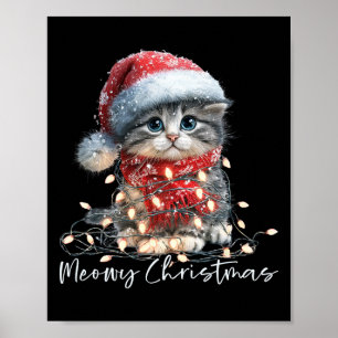 Affiche Meowy Noël Chat Noir Lumières Chapeau de Père Noël