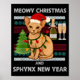 Affiche Meowy Noël Drôle Sphynx Chat Chapeau de Père Noël