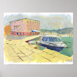 Affiche mer avec remblai et bateau