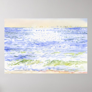 Affiche Mer ensoleillée et voiliers lointains Aquarelle