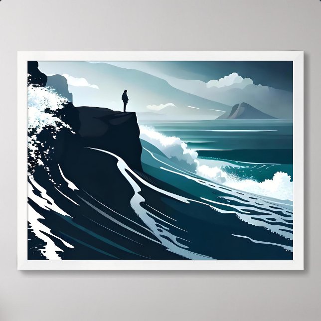 Affiche mer peinture grande vague tempête nuit sombre fala (sea painting big wave storm dark night cliff beach)