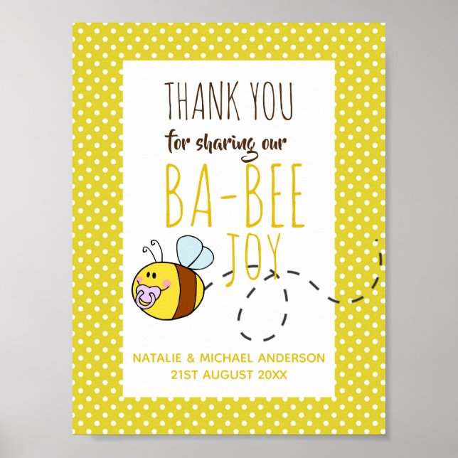 Affiche Merci BA-BEE Baby shower Polkadot jaune (Devant)