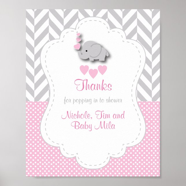 Affiche Merci Baby shower rose, gris blanc (Devant)