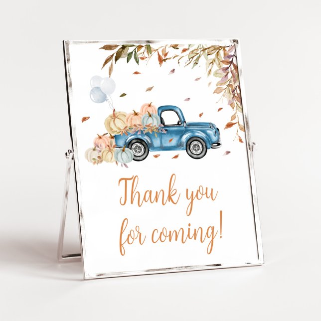 Affiche Merci Citrouille de camion bleu pour venir (Boy Little Pumpkin Truck Baby Shower Thank you for Coming Sign)