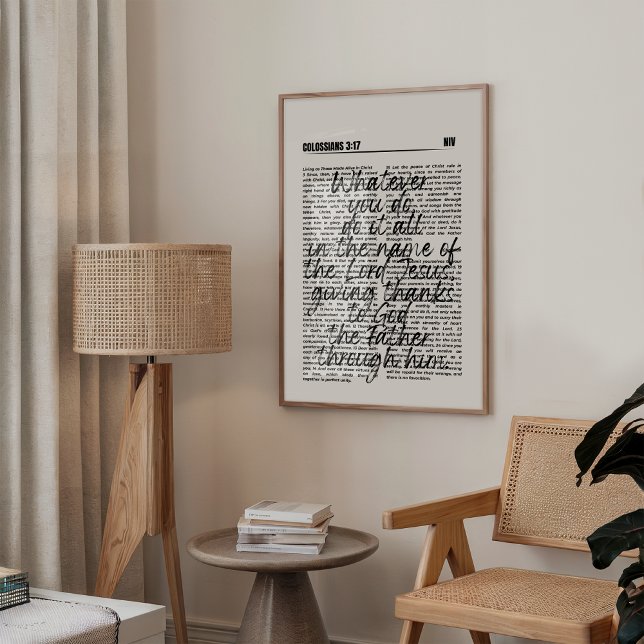 Affiche Merci Colossians 3:17 Imprimer (Minimalist Christian wall art featuring Psalm Colossians 3:17 in elegant black bold typography.)