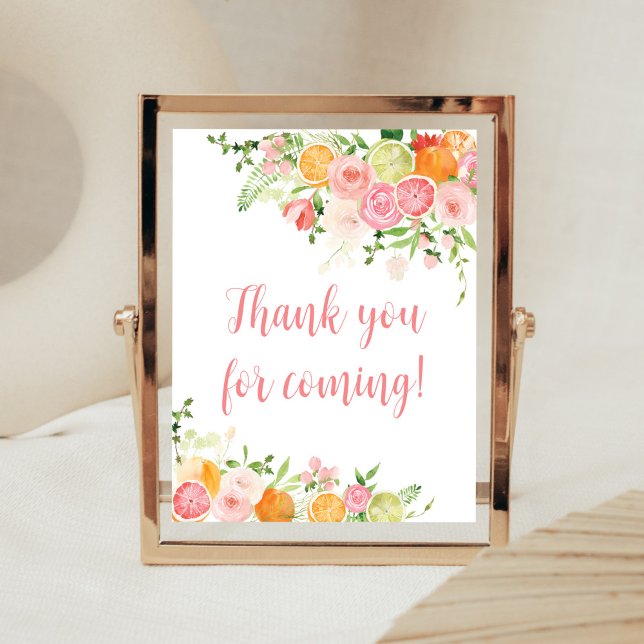 Affiche Merci d'agrumes rose et orange pour venir (Girl Lemon Baby Shower Thank You for Coming Sign)