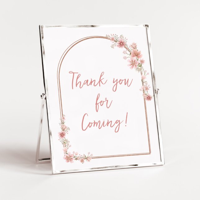 Affiche Merci d'arc floral rose pour venir (Pink Flowers Arch Baby Shower Thank you for Coming Sign)