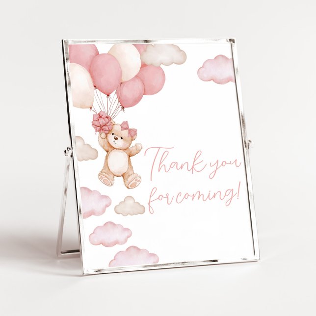 Affiche Merci d'attente de l'ours rose pour l'avenir (Pink Baby Bear Balloon Baby Shower Thank you for Coming Sign)