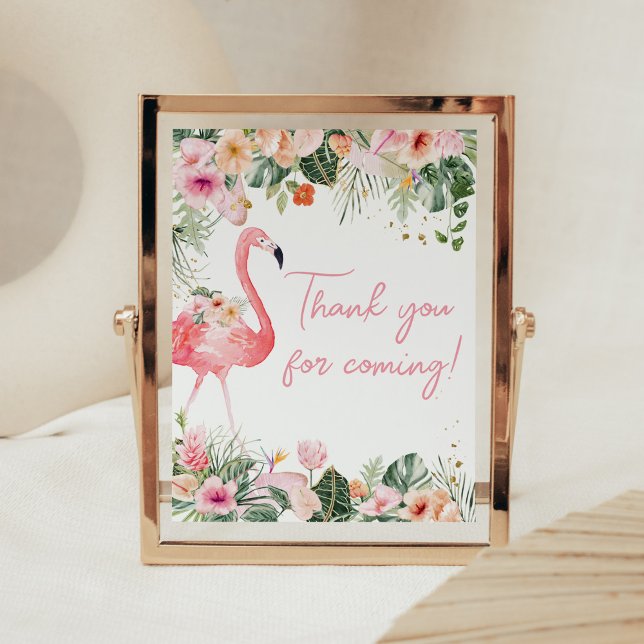 Affiche Merci de Baby shower de Flamant rose tropical à ve (Floral Flamingle Baby Shower Thank you for Coming Sign)