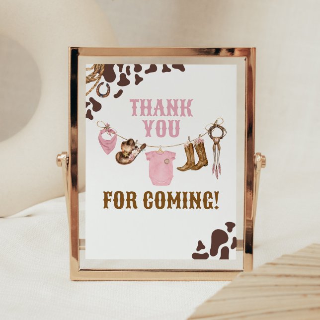 Affiche Merci de Baby shower de petite fille pour venir (Pink Western Rodeo Baby Shower Thank you for Coming Sign)