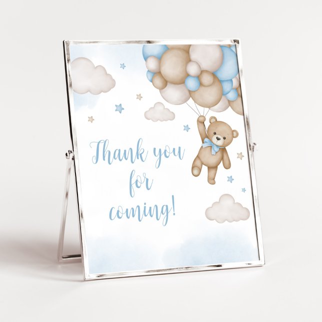 Affiche Merci de Baby shower d'ours bleu pour venir (Blue Bear Baby Shower Thank you for Coming Sign)