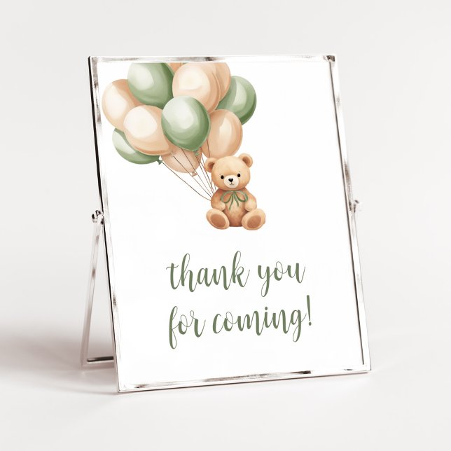 Affiche Merci de ballon d'ours vert Sage pour venir (Green Boho Bear Baby Shower Thank you for Coming Sign)
