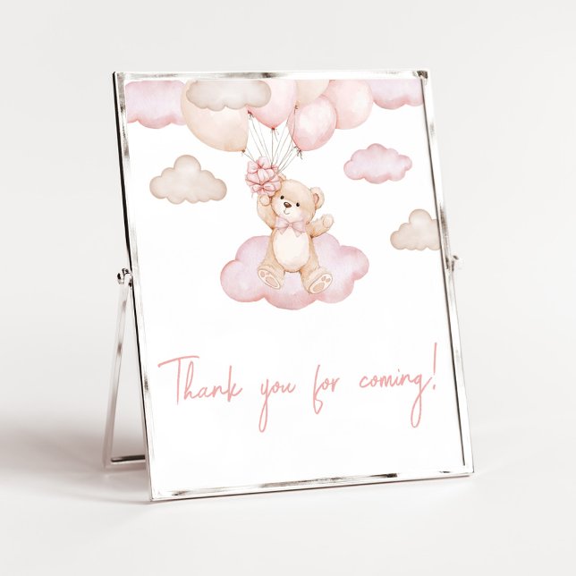 Affiche Merci de ballon pour bébé rose pour venir (Pink Baby Bear Balloon Baby Shower Thank you for Coming Sign)