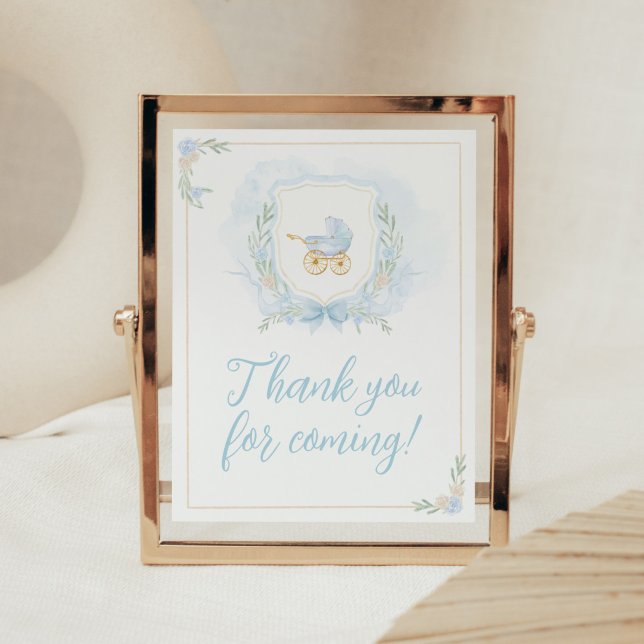 Affiche Merci de crête bleu aquarelle pour venir (Blue Gold Carriage Crest Baby Shower Thank you for Coming Sign)