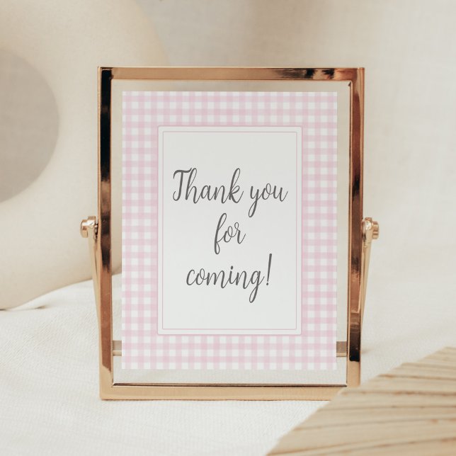 Affiche Merci de En vichy rose classique pour venir (Girl Gingham Baby Shower Thank you for Coming Sign)