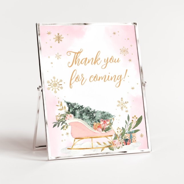 Affiche Merci de flocon d'hiver rose or pour venir (Pink Sleigh Baby Shower Thank You for Coming Sign)
