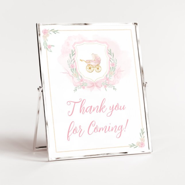 Affiche Merci de poitrine rose pour l'avenir (Pink Gold Carriage Crest Baby Shower Thank you for Coming Sign)
